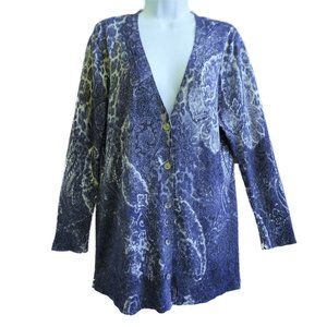 Chicos Metallic Paisley Animal Cardigan Tunic Soft Shell Buttons Purple Silver 2